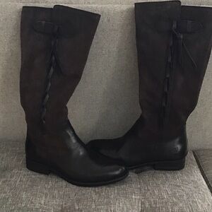 Born chocolate brown suede leather knee high boots. Leather braid stylish detail